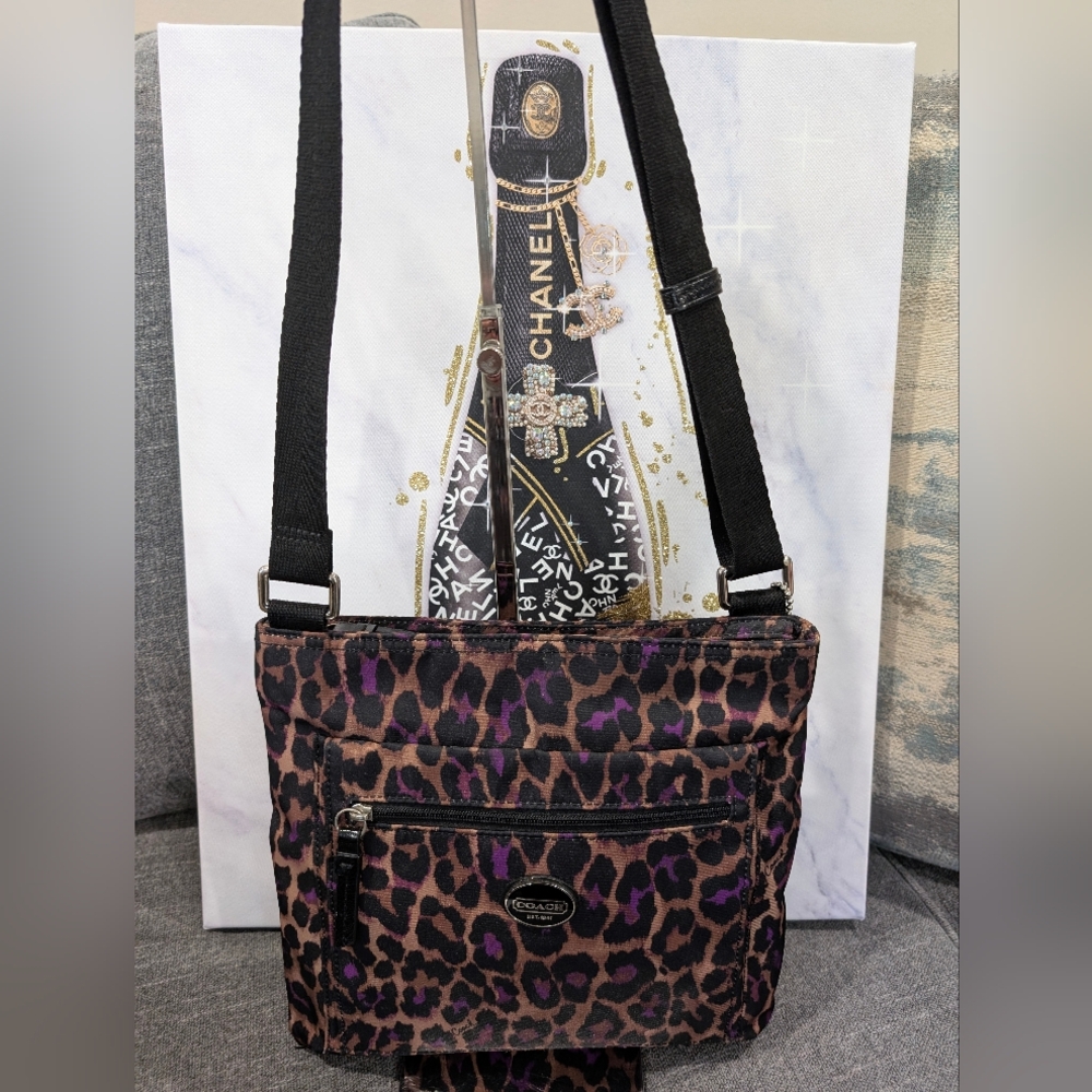 Coach Purple Leopard Print Crossbody, 10x10x1", 2013, EUC, COMES WITH COA